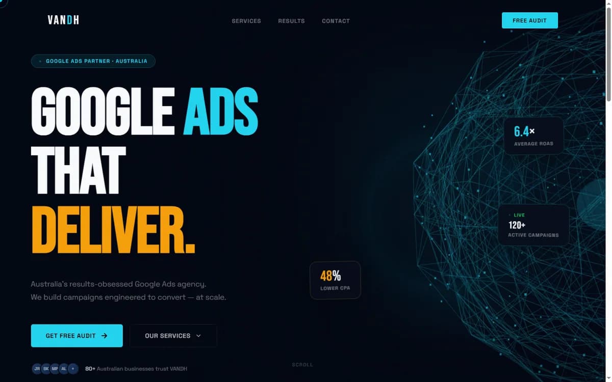 نمای صفحه اصلی وب‌سایت V&H Business